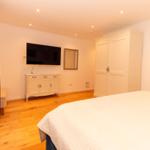 Schlafzimmer mit Bett, Kleiderschrank, TV und Holzboden.