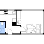 Kleine Wohnung mit Küche, Bad und Schlafzimmer. Raumverteilung mit Maßen.
