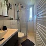 Badezimmer mit Dusche, Waschbecken und Heizung.
