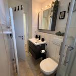 Badezimmer mit Dusche, Waschbecken und Toilette. Spiegel und Pflanze an der Wand.