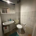 Badezimmer mit Toilette, Waschbecken und Spiegel