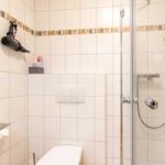 Bathroom with shower, toilet, and towel holder on the wall.