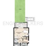 Floor plan shows garden, terrace, living/kitchen, two bedrooms, bathroom, and parking.