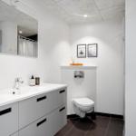 Badezimmer mit Waschbecken, Toilette und Spiegelschrank. Links steht eine Waschmaschine.