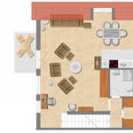 Wohnung mit Essbereich, Küche und Bad. Sitzgelegenheiten und Arbeitsplatz.