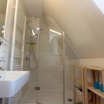 Badezimmer mit Dusche, Waschbecken und Holzregal