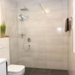 Badezimmer mit Dusche, Toilette und Waschbecken. Wandbild und Dekoobjekte sichtbar.