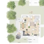 Erdgeschoss mit Küche, Essbereich, Wohnzimmer, Bad und Terrasse mit Sonnenschutz.