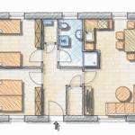 Dieses Apartment hat drei Schlafzimmer, eine Küche, ein Bad und eine Wohnküche.