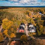 Aerial view of houses surrounded by forest with sea in background.