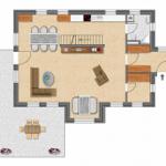 Wohnung mit Essbereich, Küche, Bad und Terrasse.