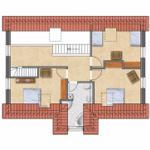 Detaillierter Grundriss einer Wohnung mit drei Schlafzimmern, einem Wohnbereich und einer Küche.