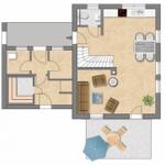 Wohnung mit Küche, Essbereich, Wohnzimmer und Bad. Außenbereich mit Tisch und Sonnenschirm.