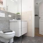 Badezimmer mit Toilette, Waschbecken und Dusche. Graue Fliesen und weiße Möbel.