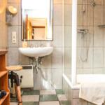 Badezimmer mit Dusche, Waschbecken und Holzregal.