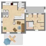Dieses Haus hat einen Wohnbereich, eine Küche, zwei Schlafzimmer und eine Terrasse mit Tisch.