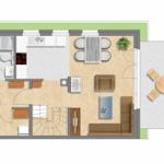 Wohnung mit Küche, Bad, Wohnzimmer und Terrasse mit Tisch und Stühlen.