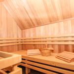 Sauna mit Holzbank, Eimer und Stein im Dachbereich.