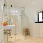 Badezimmer mit Dusche, Waschbecken und Heizkörper