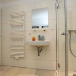 Badezimmer mit Dusche, Waschbecken und Heizkörper