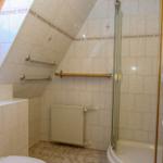 Badezimmer mit Dusche, Waschbecken und Dachfenster. Wandverkleidung und Bodenfliesen.