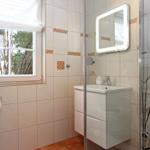 Badezimmer mit Dusche, Waschbecken und Fenster mit Blick auf Bäume.