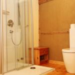 Dusche mit Glaswand, Toilette und kleiner Holzbank.