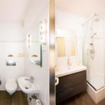 Badezimmer mit Dusche, Waschbecken und Toilette. Weiße Fliesen und Holzboden.