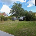 Grüner Garten mit zwei parkenden Autos und einem großen Baum im Hintergrund.