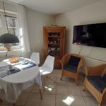 Essbereich mit runder Tisch, weißen Stühlen und TV-Wand. Rattan-Stühle mit Kissen.
