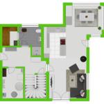 Wohnung mit Küche, Essbereich, Wohnzimmer und Bad. Treppe führt nach oben.