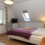 Schlafzimmer mit Dachschräge, Bett, TV und Fenster.