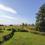 Grüner Garten mit Blick auf Wasser und Bäume unter blauem Himmel.