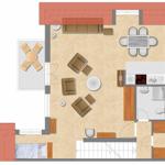 Wohnung mit Küche, Essbereich, Wohnzimmer, Schlafzimmer und Bad.