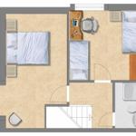 Zwei Schlafzimmer, Arbeitsplatz, Bad und Treppenhaus in der Wohnung.
