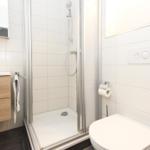 Badezimmer mit Dusche, Waschbecken und Toilette. Weiße Fliesen und Holzwaschtisch.