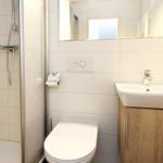 Badezimmer mit Dusche, Toilette und Waschbecken mit Holzunterschrank.