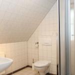 Badezimmer mit Toilette, Waschbecken und Dusche unter schrägem Dach