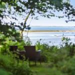 Zwei Stühle im Grünen mit Blick auf Wasser und Strand.
