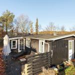 Ein dunkel lackiertes Holzhaus mit weiß gerahmten Fenstern und einer Terrasse mit Sonnenschutz.