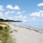 Strand mit Sand, Gras und einem roten Kanu unter blauem Himmel mit weißen Wolken.