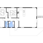 Wohnung mit zwei Schlafzimmern, Küche und überdachter Terrasse.