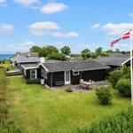 Schwarzes Holzhaus mit Garten, Terrasse und dänischer Flagge. Blick aufs Meer.