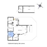Funktionaler Grundriss mit Küche, Schlafzimmer und Bad. Außenbereich mit überdachter Terrasse.