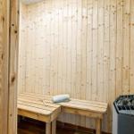 Sauna mit Holzwand, Bank und Steinheizung. Handtuch und Bürste liegen bereit.