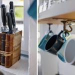 Messer in Buchhalter und Tassen an Wandhalterung hängend