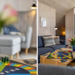 Wohnzimmer mit Sofa, Tisch und Spiel. Holzwand und Balkonansicht.