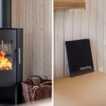 Holzwand, Kaminofen mit Flamme und Korb. Gäsgebog auf Holztisch.