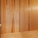 Sauna mit Holzwand und Sitzbank. Holztür mit Knauf sichtbar.