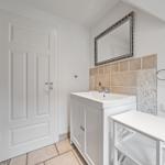 Badezimmer mit Waschbecken, Spiegel, Dusche und Kleiderständer.